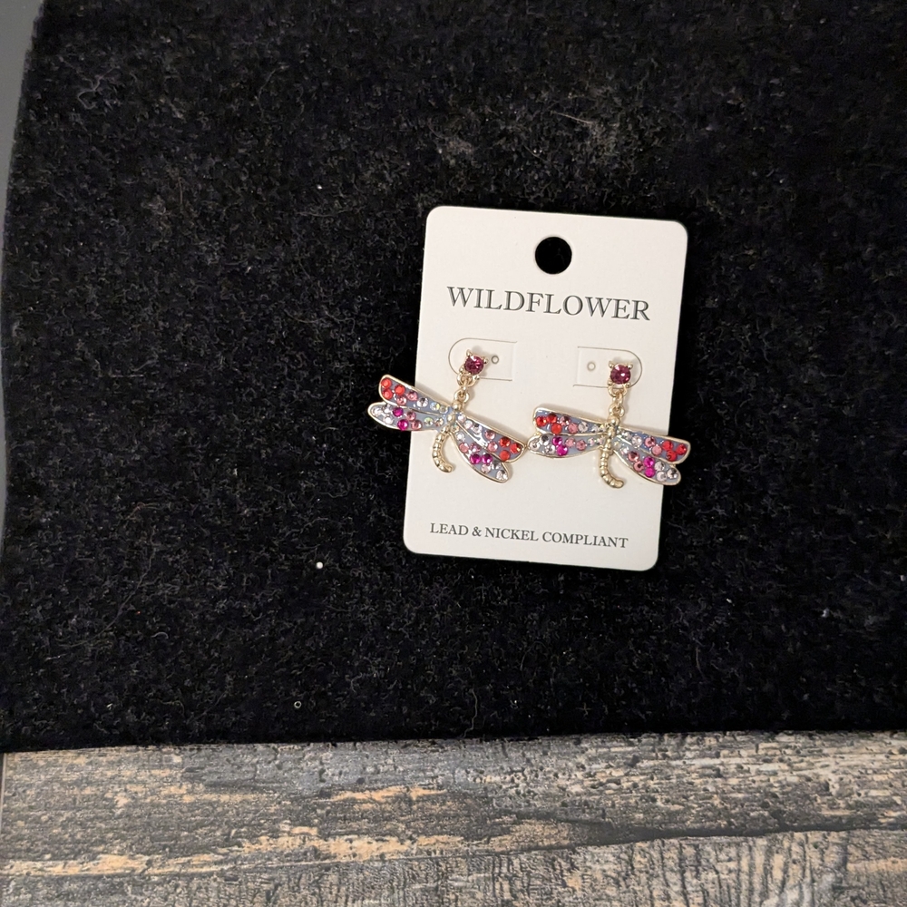 Wildflowers Dragonfly Earrings with Red and Purple Crystals - Picture 2 of 2